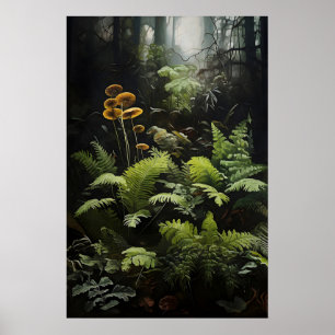 Deep forest fern and mushrooms, woodland moody poster