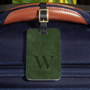 Deep Forest Green Cow Leather Texture Monogrammed Luggage Tag