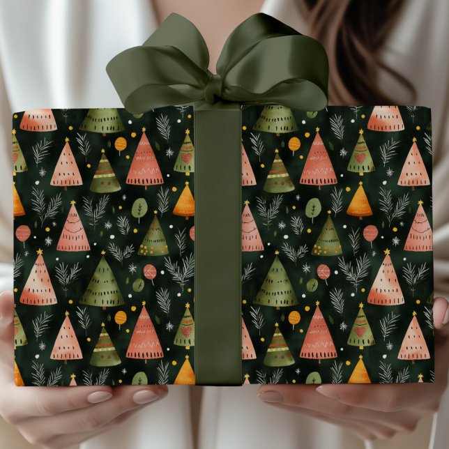 Deep Forest Green Nordic Christmas Tree Pattern Wrapping Paper (Creator Uploaded)