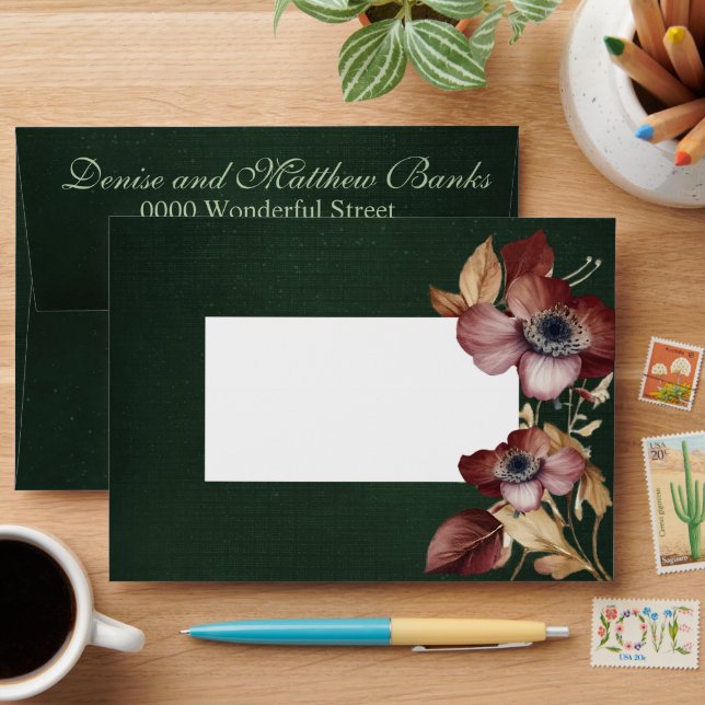 Deep Forest Green Painted Floral Wedding Envelope (Desk)