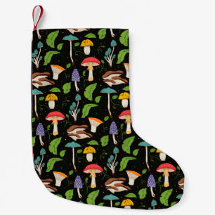 Deep Forest Magic: Colorful Mushrooms on Black Small Christmas Stocking