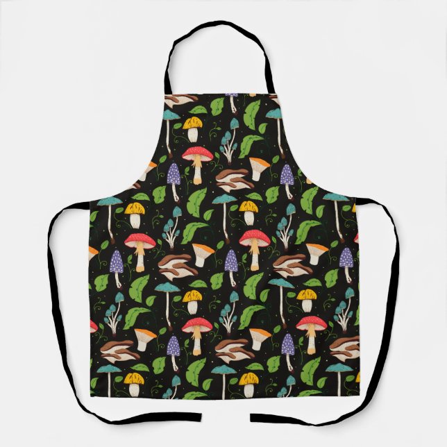 Deep Forest Magic: Colourful Mushrooms on Black Apron (Front)