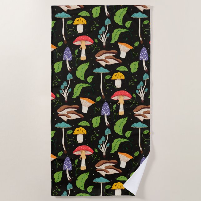 Deep Forest Magic: Colourful Mushrooms on Black Beach Towel (Front)