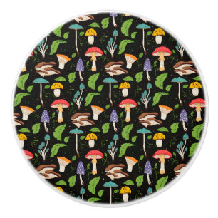 Deep Forest Magic: Colourful Mushrooms on Black Ceramic Knob
