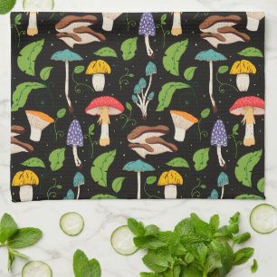 Deep Forest Magic: Colourful Mushrooms on Black Kitchen Towel
