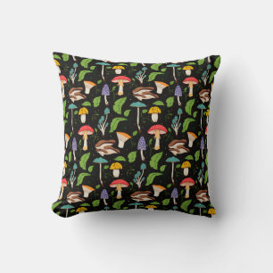 Deep Forest Magic: Colourful Mushrooms on Black Throw Pillow