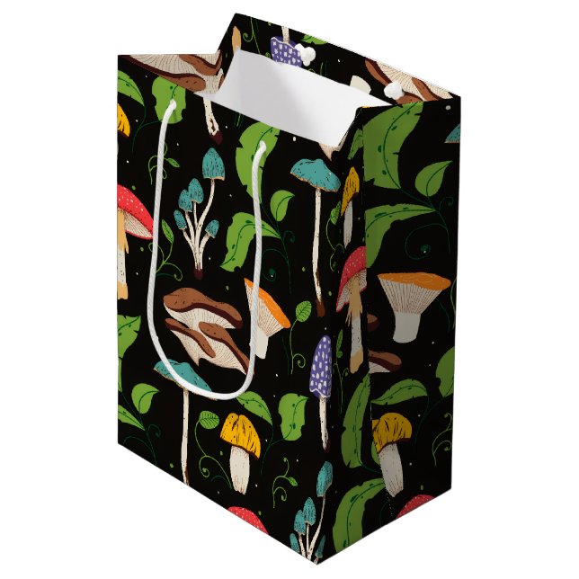 Deep Forest Magic: Colourful Mushrooms Pattern Medium Gift Bag (Front Angled)