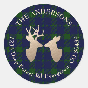 Deep Forest Plaid Golden Deer Address Classic Round Sticker