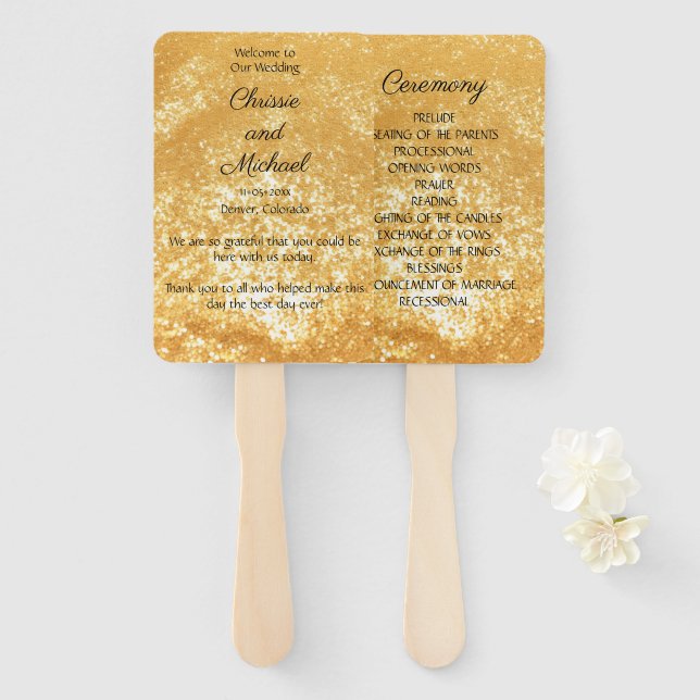 Deep Gold Glitter Wedding Program Hand Fan (Front and Back)