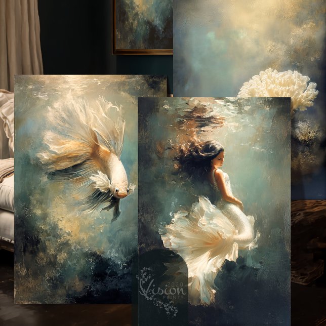 Deep Grace Ethereal Teal Gold Underwater Trio Wrapping Paper Sheet (Three overlapping teal gold art prints leaning against dark bedroom wall)