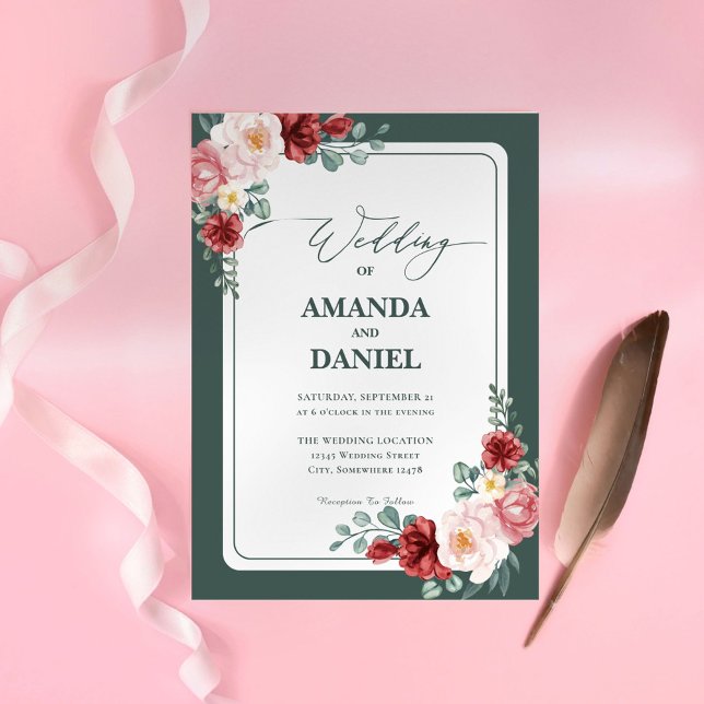 Deep Green and Blush Floral Wedding Invitation (Creator Uploaded)