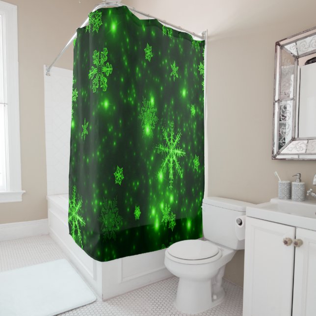 Deep Green and Bright Snowflakes Shower Curtain (In Situ)