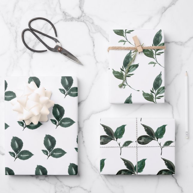Deep Green And White Leaf  Wrapping Paper Sheet (Front)