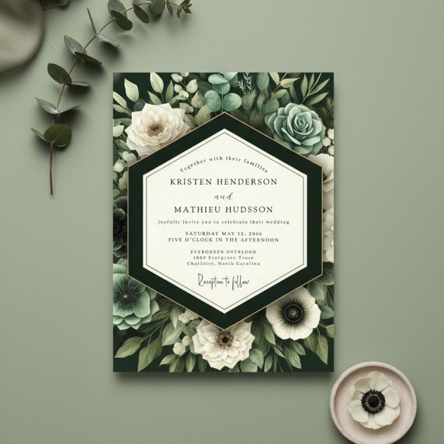 Deep Green Botanical Romance Wedding Invitation (Creator Uploaded)