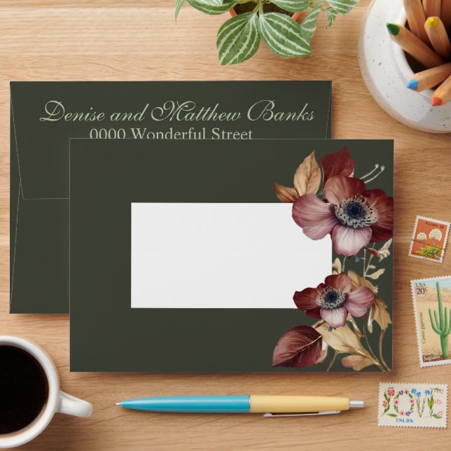 Deep Green Burgundy Floral Wedding Envelope (Desk)