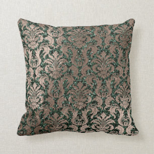 Deep Green Damask Skinny Glass Glitter Metal Beige Throw Pillow