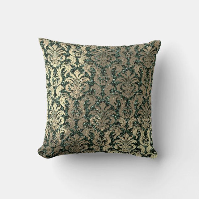 Deep Green Damask Skinny Glass Glitter Metal Gold Throw Pillow (Front)
