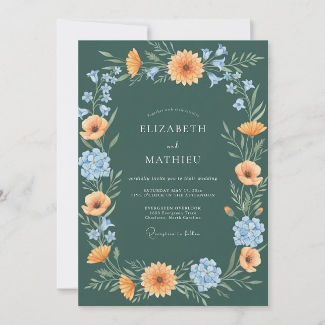 Deep Green Floral Arch Flourish Wedding Invitation (Front)