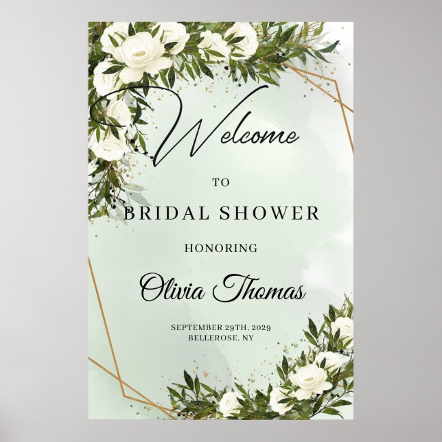 Deep green foliage white roses gold bridal shower  poster (Front)