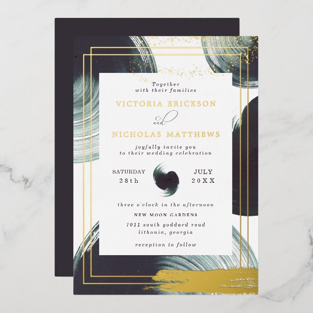 Deep Green Gold Abstrait Boho Faire-part de mariag (Recto/Verso)