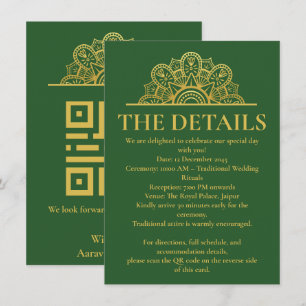 Deep Green & Gold Mandala Indian Wedding Details Enclosure Card