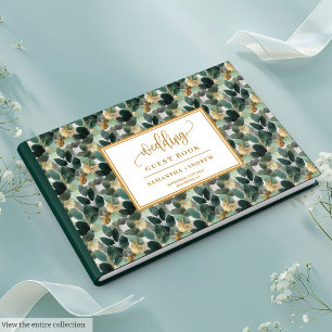 Deep green gold wedding guest book with botanicals
