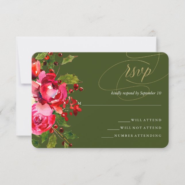 Deep Green Holiday Floral Wedding RSVP (Devant)
