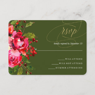 Deep Green Holiday Floral Wedding RSVP Card