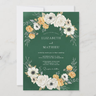 Deep Green Ivory Floral Wedding Invitation