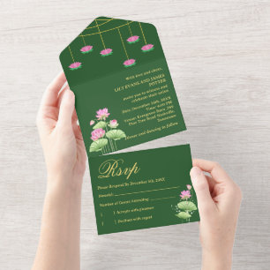 Deep Green Lotus Flower Indian Wedding  All In One Invitation