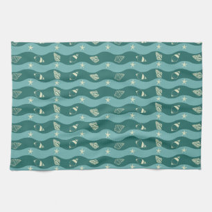 Deep Green Ocean Waves & Seashells Seamless Patter Kitchen Towel