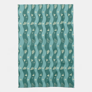 Deep Green Ocean Waves & Seashells Seamless Patter Kitchen Towel