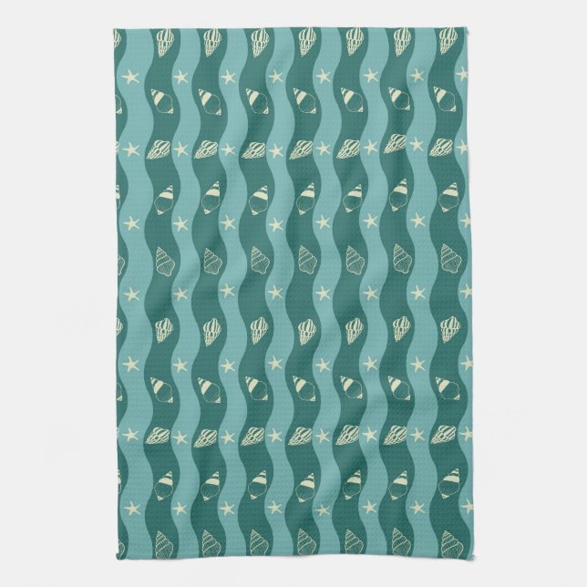 Deep Green Ocean Waves & Seashells Seamless Patter Kitchen Towel (Vertical)