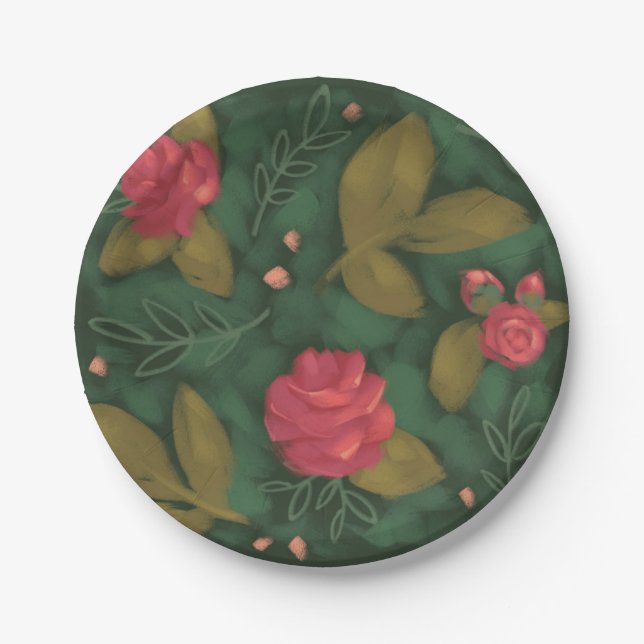Deep Green & Pink Flower Plate (Front)