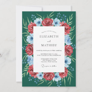 Deep Green Rose Blossom Wedding Invitation