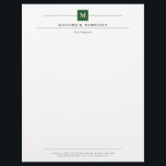 Deep Green Square Monogram Elegant Minimalist Letterhead<br><div class="desc">Professional letterhead in white with black fonts and your initial in white against a dark green square with thin lines framing your name, title, and contact information. Elegant and clean letterhead personalized with monogram, name, title, and contact info in a minimalist and timeless black, deep green, and white design. Manly...</div>