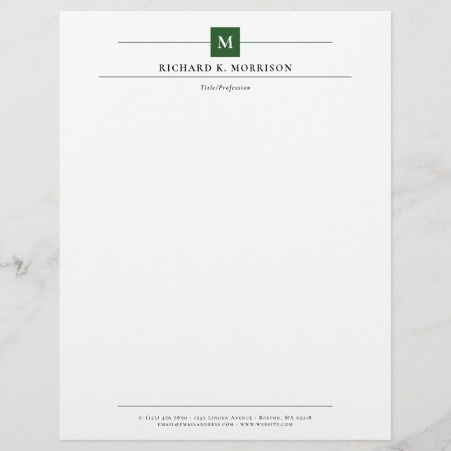 Deep Green Square Monogram Elegant Minimalist Letterhead (Front)