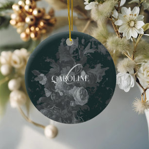 Deep Green Vintage Floral Still Life Stylish Ceramic Ornament