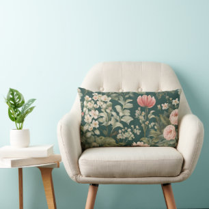 Deep Green with Pastel Woodsy Flowers Lumbar Pillow