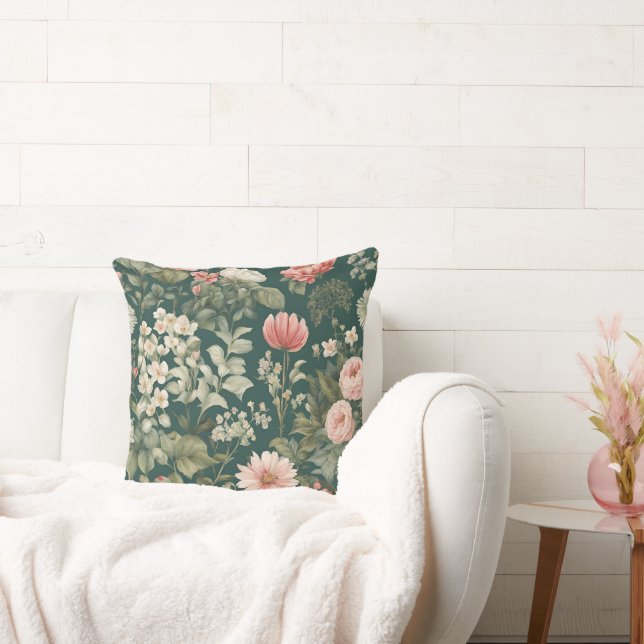 Deep Green with Pastel Woodsy Flowers Throw Pillow (Couch)