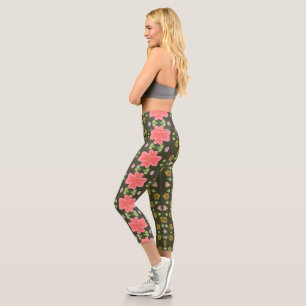 Deep Green With Rose Pink Floral Capri Leggings