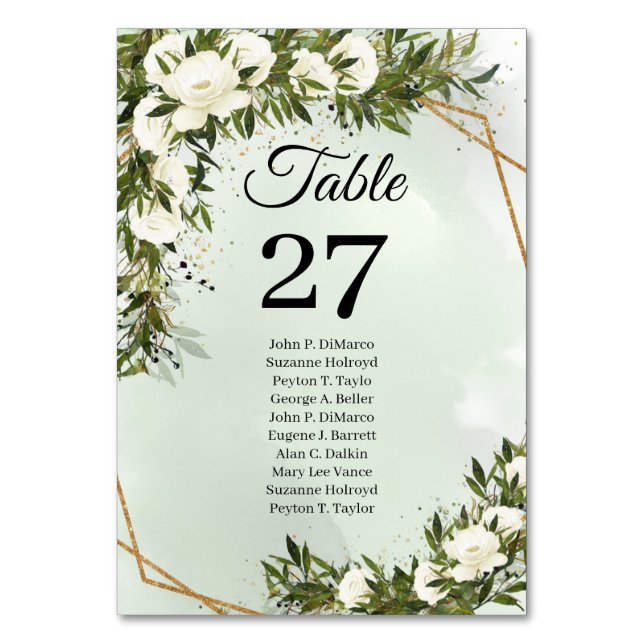 Deep Greenery foliage olive white roses gold frame Table Number (Front)