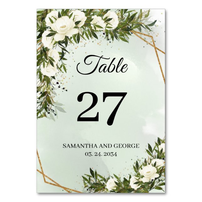 Deep Greenery foliage olive white roses gold frame Table Number (Front)
