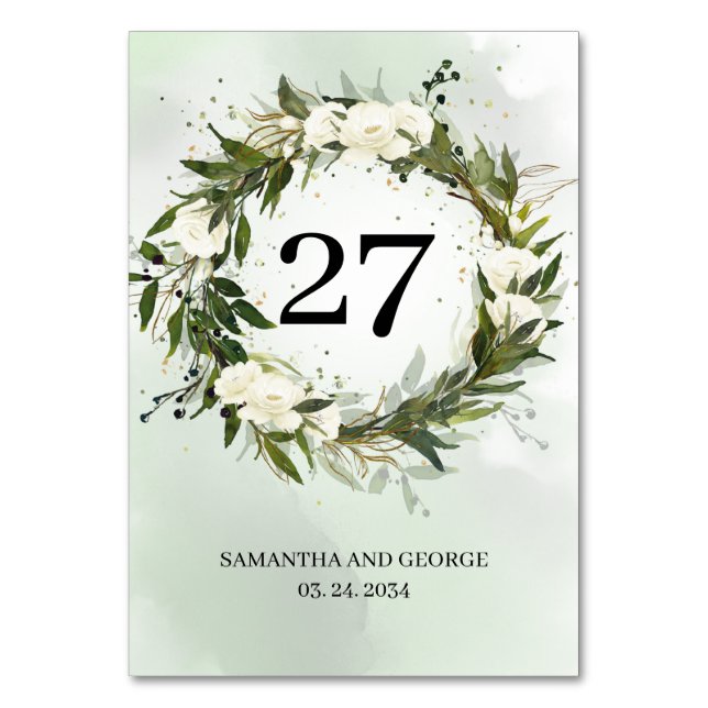 Deep Greenery foliage olive wreath white roses Table Number (Front)