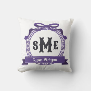 Deep Heather Purple Greek Key Bow Monogram Throw Pillow