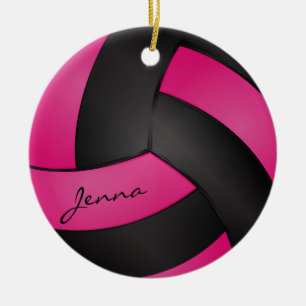 Deep Hot Pink and Black Personalize Volleyball Ceramic Ornament