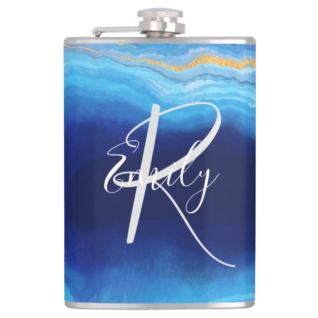 Deep Indigo Agate Marble Abstract Name Monogram Co Hip Flask (Front)