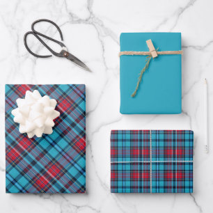 Deep Indigo, Aqua, Red & Shades of Blue Plaid Wrapping Paper Sheet