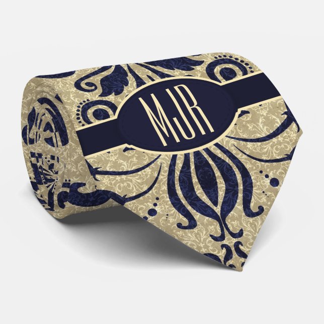 Deep Indigo Blue Swirls and Taupe Damask Monogram Tie (Rolled)