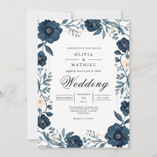 Deep Indigo Floral Border Wedding Invitation